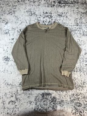 Vintage New River Henley Shirt Mens L Beige Black Striped Classic Old Money Tee